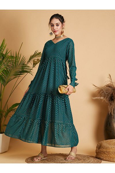 Sassafras By Styli Foil Print Tiered Maxi Dress