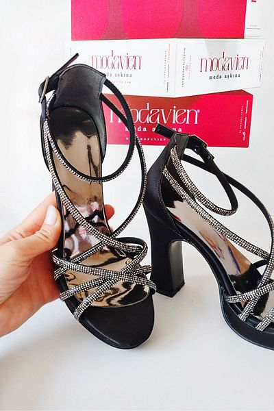 Modavien Women's Black 10 cm Satin Stone Platform Shoes