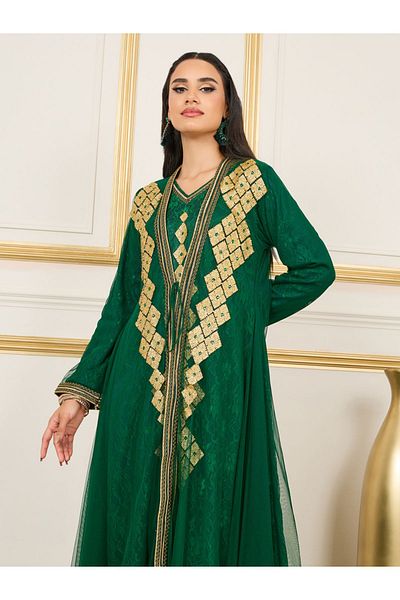 Maxim Creation By Styli All Over Lace Embroidered Rhinestone Detail Kaftan