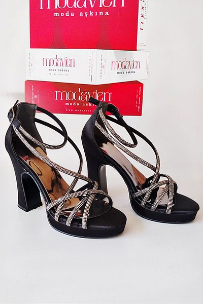 Modavien Women's Black 10 cm Satin Stone Platform Shoes