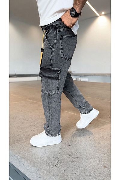 DENIM MAN Men's Gray Baggy Fit Cargo Pants