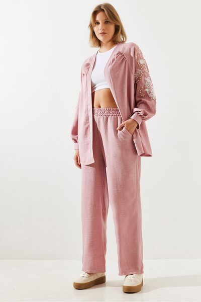 Bianco Lucci طقم نسائي كتان - تفاصيل مطرزة، طقم سفلي علوي MBMS017 60501017