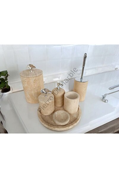 Pietro Di Marble Sarı Traverten Klasik Model 7 Parça Gümüş Renk Japon Gülü Ak...