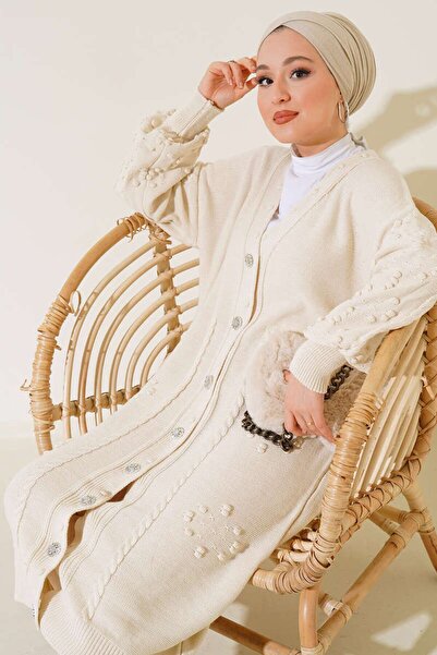 Kirazgym Long Knitwear Cardigan - with Stone Buttons and Hair Braid Detail