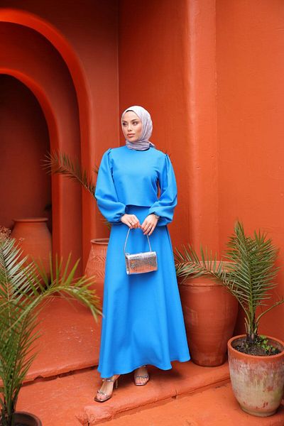 MYGİYİMİSTANBUL Balloon Sleeve Hijab Attached Crepe Skirt Set