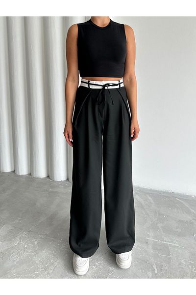 Laluvia Schwarze Design-Hose mit Seilgürtel-3576