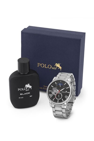 Polo Air Erkek Kol Saati Ve Parfüm Seti Hediyelik Kutusunda Kombin Gümüş Siya...