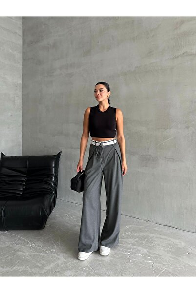 Laluvia Anthracite Rope Belt Design Trousers-3576