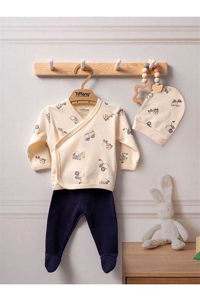 Tiffany 3-Piece Ecru Bodysuit Set for Baby Boy - Organic Work Machine Theme Org 24 23078