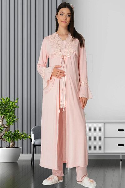 Mecit Pijama طقم حمل بأكمام طويلة من القطن مكون من 3 قطع - طقم ثوب صباحي وبيجامة