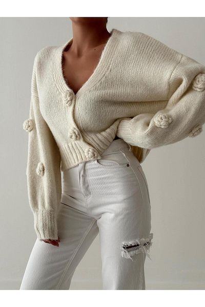 ASM Fashion Rose Embroidered Pink Snap Balloon Sleeve Knitwear Cardigan