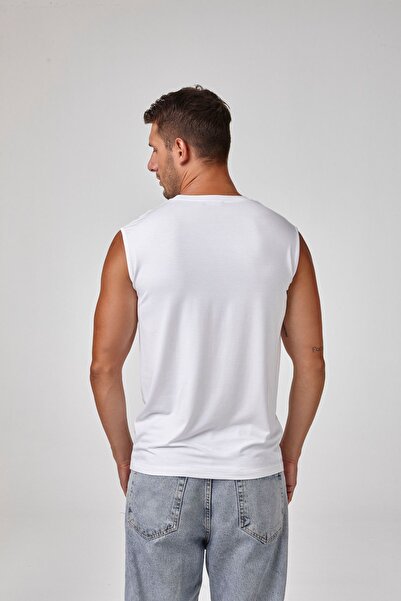 relactive Λευκό ανδρικό μπλουζάκι - Αμάνικο, στρογγυλή λαιμόκοψη