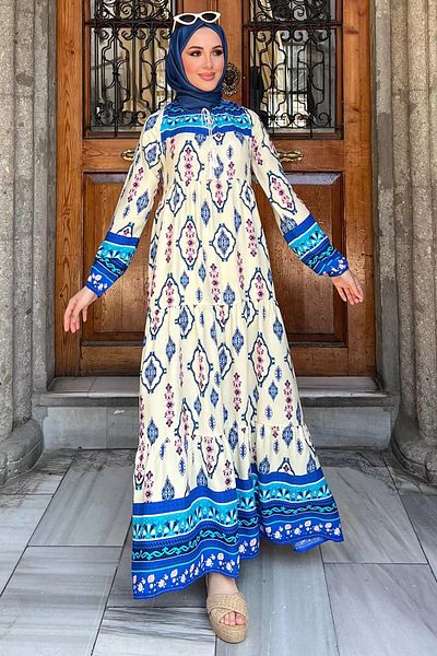 julude Rochie Hijab din viscoză - albastră, cu detaliu de cravată în față, imprimeu și volane