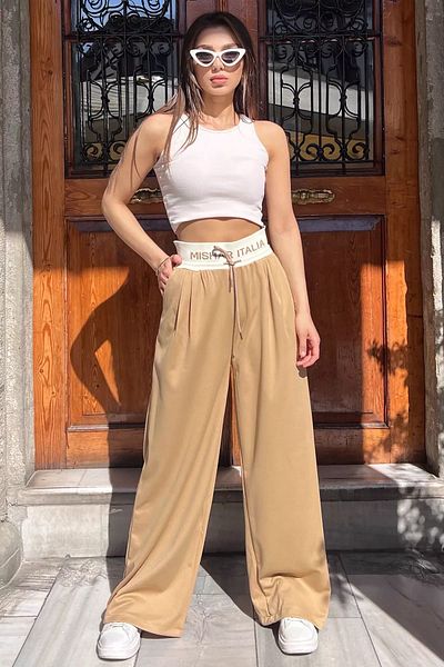 GÜLSELİ Γυναικείο παντελόνι Camel Palazzo με στάμπα ψηλόμεσο - Ελαστική μέση
