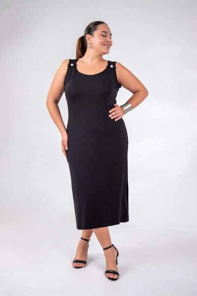 Roxxlen Plus Size 1111087 Rochie fără mâneci cu nasturi Negru