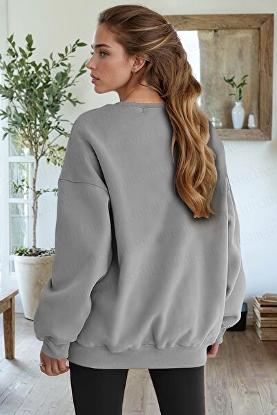 Millionaire Dark Gray Free Life Printed - 0 Crew Neck Oversize Fleece Sweatshirt