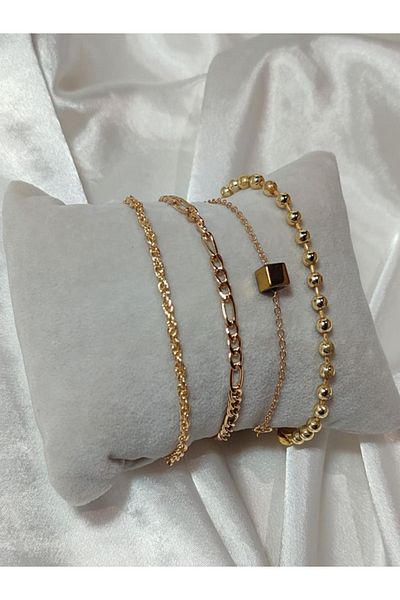KCA HOME Gold Colored Cube Detailed Quadruple Women's Bracelet Combo