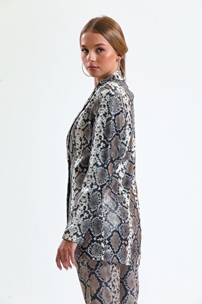 Sense Beige Black Snake Patterned Sequined Evening Dress Jacket - Pearl Lined| Ckt34264