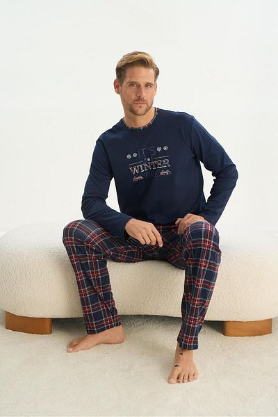 Sevim Navy Blue Men's Long Sleeve Pajama Set - C1T2N5O9