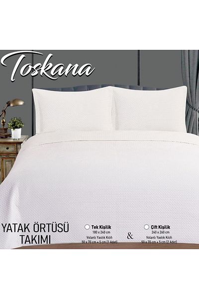 YGT Home Tuscany Velvet Bedspread Set - Double, Flounce Pillow, Cream 240X260