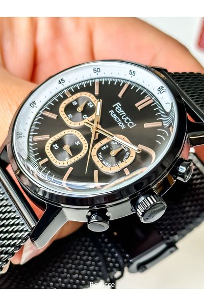 Ferrucci Black Straw Cord Men's Wristwatch and Bracelet Rosary