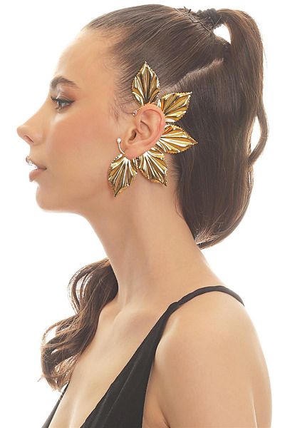 LABALABA Women's Gold Color Lacquer Plated Zircon Stone Leaf Stylized Left Ear Earcuff & Cartilage Earring