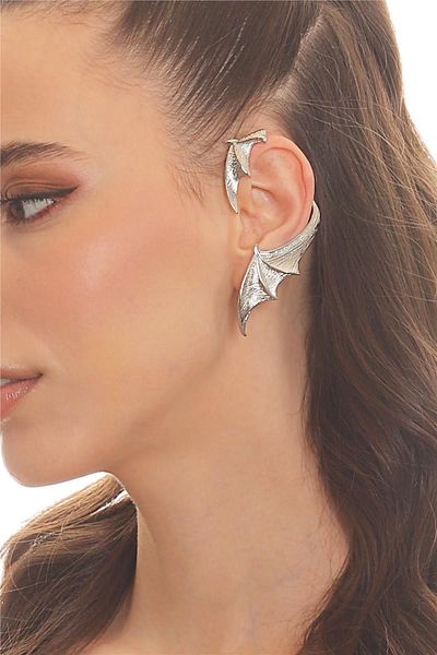 LABALABA Women's Silver Color Lacquer Plated Studded Model Left Ear Bat Earcuff & Cartilage Earring