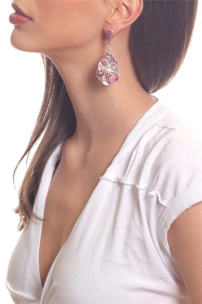 LABALABA Kadın Antik Gümüş Kaplama Çivili Model Fuşya Renk Mineli Deniz Kabuğ...