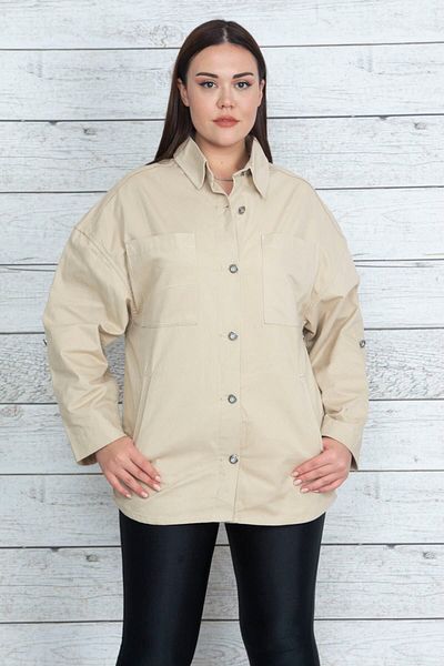 Şans Women's Large Size Stone Gabardine Fabric Metal Buttoned Sleeve Length Adjustable Unlined Coat 65n20501