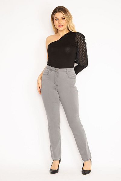 Şans Women's Large Size Gray 5 Pocket Lycra Denim Trousers 65n35151