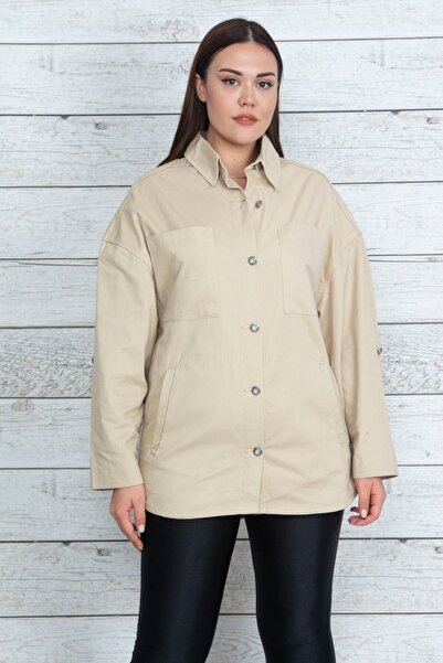 Şans Women's Large Size Stone Gabardine Fabric Metal Buttoned Sleeve Length Adjustable Unlined Coat 65n20501