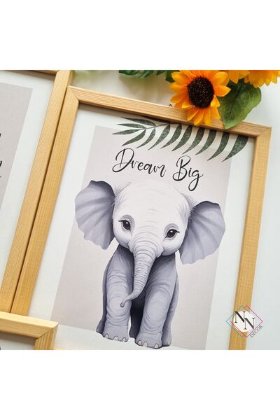NN DECOR Safari-Aslan, Zürafa ve Fil 3’lü Set- v01- Doğal Ahşap Çerçeveli, Bebek Ve Çocuk Odası Tablo Seti