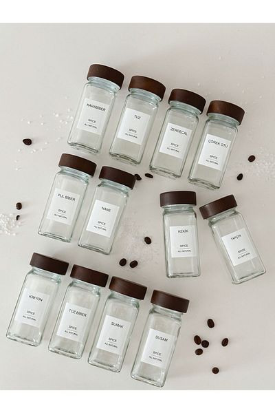Minika Home Set of 12 Acacia Glass Spice Dispensers with Lid (16 Labels)