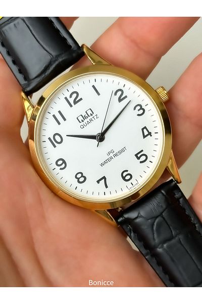 Q&Q Brand Black Leather Strap Waterproof, Men's Wristwatch + bracelet