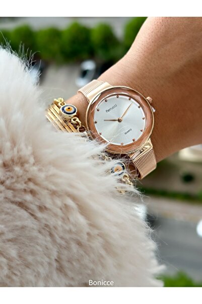 Ferrucci Marka Rose Renk Çelik Kordon Kadın Kol Saati + Nazar Boncuklu Bileklik