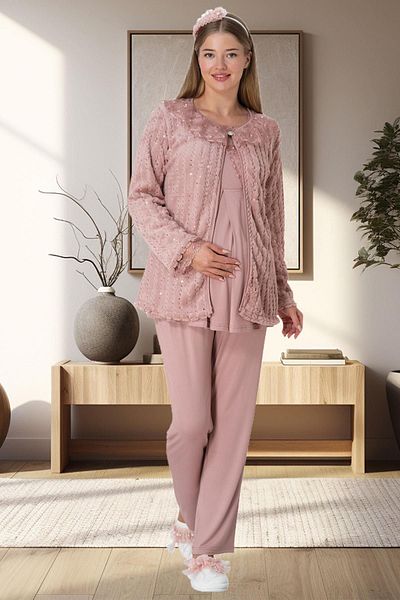 Mecit Pijama Mecit 5911 Powder Plush Maternity Pajama Set with Dressing Gown