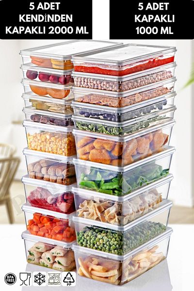 PONÇİK STORE 2Lt Capacity Set of 10 - Storage Container Suitable for Deep Freezer, 5 Pieces with Lid