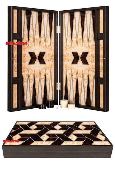 Miajima Geometric Patterned Walnut Trendy Backgammon Set with Flake Tank Large Size