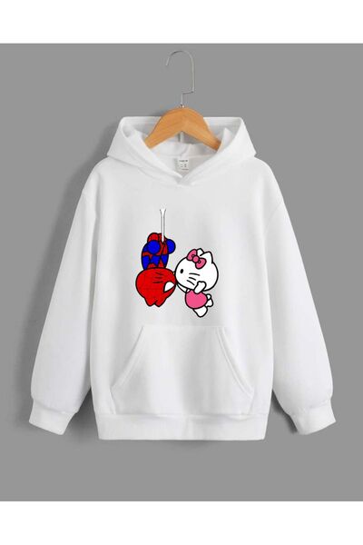 Violon سويت شيرت أبيض بغطاء للرأس مقلوب سبايدر مان هيلو كيتي لاف مطبوع للجنسي...