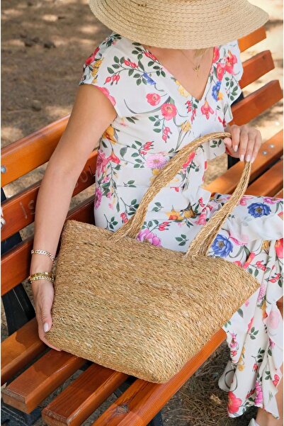YUNUSOĞLU HOME 42 cm Zippered Straw Women's Bag - Beach, Hand and Shoulder Bag