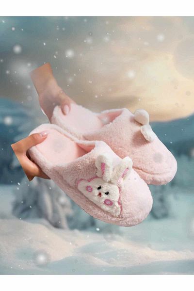 Behtah Kundura Plush Rabbit Figured Women's Home Slippers - Thick Sole with Dowry and Bundle Detail, Noiseless