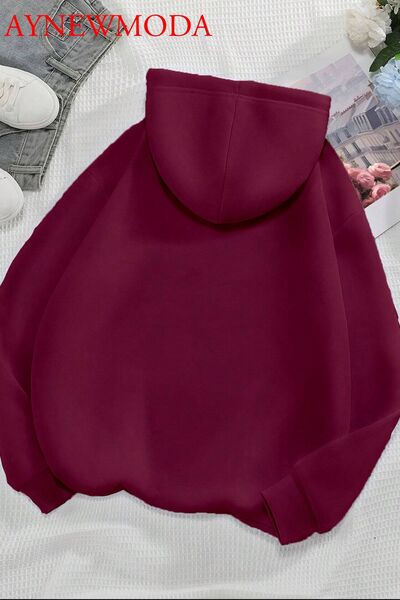 aynewmoda Daisy Duck Front Printed Burgundy Oversize Hooded Sweatshirt