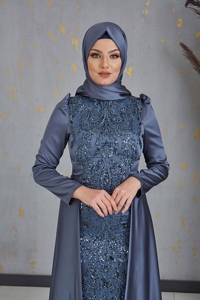 Surikka Βραδινό φόρεμα Anthracite Drop Hijab - Λεπτομέρεια ουράς