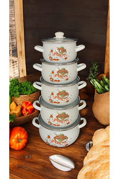 emaye market Emaye Yemek Yoğurt Tencere Takımı Güveç Model Dekorlu 5 li Çeyiz...