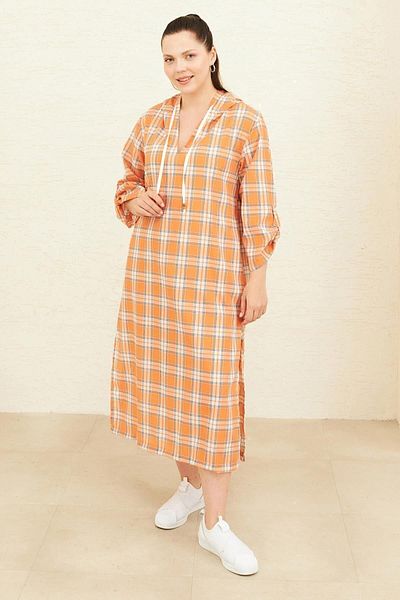 Curly Orange Plaid Hooded Dress