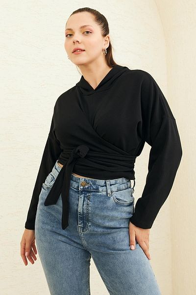 Curly Μαύρο φούτερ με γραβάτα μπροστά