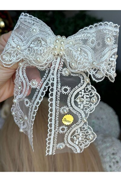 QUEEN AKSESUAR Luxury Design - Layered Long Pendant Lamp, Tailed Guipure Lace, Pearl Rhinestone Ribbon Bow Buckle