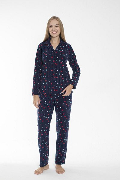 Estiva Women's Winter Fruit Print Front Buttoned Ribbed Fleece Pajamas Set Navy