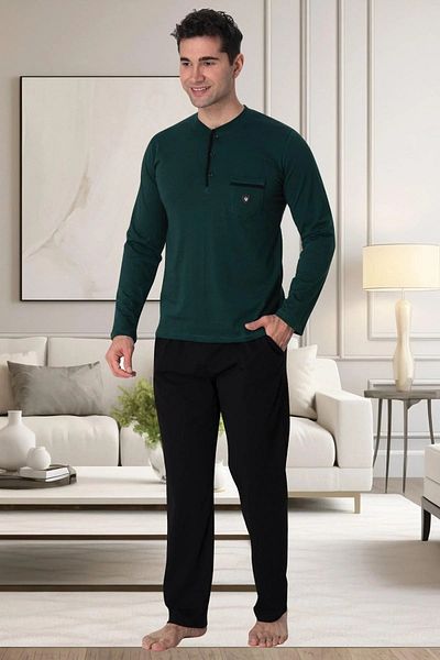 Mecit Pijama طقم بيجامة رجالي مقاس كبير - كم طويل، 100% قطن، تفاصيل الجيب