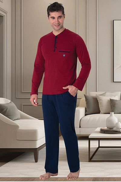 Mecit Pijama Σετ ανδρικών πιτζάμες Plus Size - Μακρύ μανίκι, 100% βαμβάκι, λεπτομέρεια τσέπης